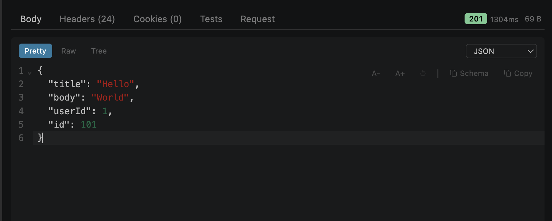 Response viewer showing status, time, size and body